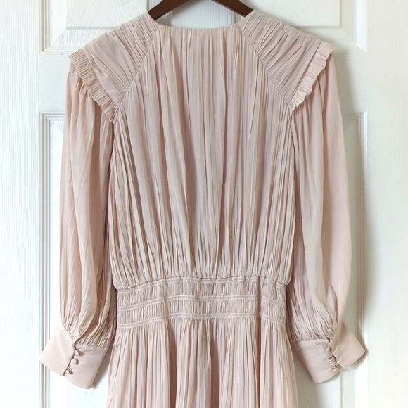 Joie Rheia Silky Pleated Long Balloon Sleeve Blouson A-Line Midi Dress Cream S - Picture 13 of 15